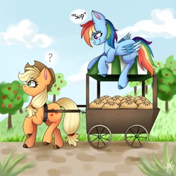 Size: 1280x1280 | Tagged: safe, artist:galaxy swirl, applejack, rainbow dash, earth pony, pegasus, pony, g4, apple, apple pie, cart, duo, female, food, lesbian, mare, pie, question mark, ship:appledash, shipping, wagon