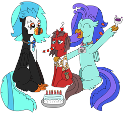 Size: 2669x2405 | Tagged: safe, artist:supahdonarudo, oc, oc only, oc:icebeak, oc:ironyoshi, oc:sea lilly, classical hippogriff, hippogriff, pony, unicorn, birthday, cake, camera, candle, excited, food, glass, hand on shoulder, hat, high res, jewelry, necklace, noisemaker, party hat, sad, simple background, sitting, transparent background, wine glass