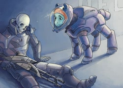 Size: 1135x809 | Tagged: safe, artist:adeptus-monitus, oc, oc only, earth pony, human, pony, astronaut, bone, crossover, dead, interspecies, mass effect, n7 armor, skeleton, skull, spacesuit, weapon