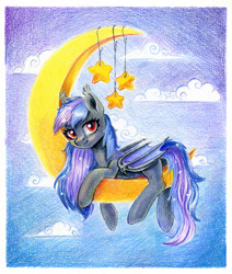 Size: 1018x1200 | Tagged: safe, artist:maytee, oc, oc only, oc:stellar wind, bat pony, pony, bat pony oc, cloud, colored pencil drawing, commission, crescent moon, lying down, moon, night, night sky, prone, red eyes, sky, stars, tangible heavenly object, traditional art, ych result