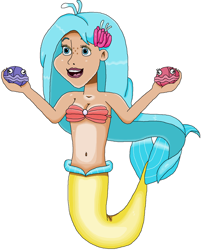 Size: 1204x1497 | Tagged: safe, artist:ocean lover, princess skystar, shelldon, shelly, human, mermaid, g4, my little pony: the movie, background removed, bare shoulders, beautiful, belly, belly button, blue eyes, blue hair, bra, cheerful, creepy, curvy, disney style, excited, excitement, fins, fish tail, flower, flower in hair, freckles, happy, hourglass figure, human coloration, humanized, lips, lipstick, long hair, looking at someone, mermaid princess, mermaid tail, mermaidized, mermay, midriff, moderate dark skin, ms paint, nightmare fuel, open mouth, pretty, seashell, seashell bra, shell, simple background, species swap, tail, tail fin, white background