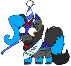 Size: 1293x1200 | Tagged: safe, artist:brainiac, oc, oc:heccin pepperino, kirin, birthday, collar, derp, female, hat, mare, party hat, party horn, sash, simple background, smiling, solo, transparent background