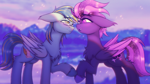 Size: 2560x1440 | Tagged: safe, artist:shad0w-galaxy, oc, oc only, oc:ruffled quill, oc:shadow galaxy, pegasus, pony, blurry background, blushing, chest fluff, chromatic aberration, duo, ear fluff, ethereal mane, female, folded wings, glasses, hooves, in love, looking at each other, looking at someone, male, mare, mountain, mountain range, smiling, stallion, starry mane, unshorn fetlocks, wings