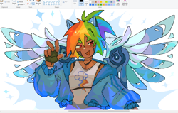 Size: 1474x940 | Tagged: safe, artist:kirbscuit, rainbow dash, cyborg, human, g4, amputee, artificial wings, augmented, clothes, dark skin, humanized, jacket, ms paint, pony ears, prosthetic limb, prosthetic wing, prosthetics, solo, spread wings, tank top, wings