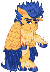 Size: 694x1000 | Tagged: safe, artist:tigerbeetle, derpibooru exclusive, flash sentry, pegasus, pony, g4, alternate design, chest fluff, cloven hooves, colored wings, freckles, male, markings, scrunchy face, simple background, solo, stallion, two toned wings, unshorn fetlocks, white background, wings