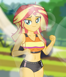 Size: 4944x5760 | Tagged: safe, artist:emeraldblast63, sunset shimmer, human, equestria girls, g4, absurd resolution, belly button, breasts, busty sunset shimmer, clothes, crepuscular rays, female, lidded eyes, midriff, outdoors, smiling, solo