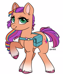 Size: 1920x2338 | Tagged: safe, artist:sk-ree, sunny starscout, earth pony, pony, g5, bag, coat markings, cute, female, fluttershy's cutie mark, looking at you, mane stripe sunny, mare, rainbow dash's cutie mark, raised hoof, saddle bag, simple background, smiling, smiling at you, socks (coat markings), solo, sunnybetes, twilight sparkle's cutie mark, unshorn fetlocks, white background