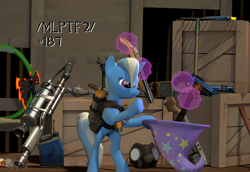 Size: 2543x1750 | Tagged: safe, artist:xafilah, trixie, pony, unicorn, g4, /mlp/ tf2 general, 3d, axe, clothes, crate, flamethrower, flare gun, gasoline, gmod, hammer, hat, magic, pyro (tf2), source filmmaker, team fortress 2, telekinesis, text, trixie's hat, weapon