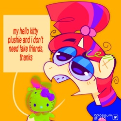 Size: 1440x1440 | Tagged: safe, artist:opossum-stuff, moondancer, pony, unicorn, g4, braces, dialogue, eyebrows, glasses, hello kitty, lidded eyes, open mouth, orange background, raised eyebrow, simple background, solo, speech bubble