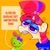 Size: 1440x1440 | Tagged: safe, artist:opossum-stuff, moondancer, pony, unicorn, g4, braces, dialogue, eyebrows, glasses, hello kitty, lidded eyes, open mouth, orange background, raised eyebrow, simple background, solo, speech bubble