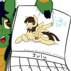 Size: 1280x1280 | Tagged: safe, artist:maplesquidarts, part of a set, wild fire, oc, oc:kappa the kirin, kirin, pony, g4, calendar, lying down, prone, simple background, solo focus, white background