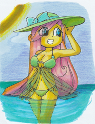 Size: 1350x1770 | Tagged: safe, artist:shadowhawx, fluttershy, human, equestria girls, g4, belly button, bikini, breasts, busty fluttershy, cleavage, clothes, cute, eye clipping through hair, female, green bikini, green swimsuit, grin, hat, legs in the water, midriff, outdoors, partially submerged, shyabetes, sky, smiling, solo, sun, sun hat, swimsuit, traditional art, water