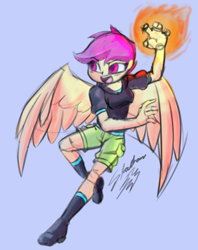 Size: 2269x2872 | Tagged: safe, artist:shadowhawx, scootaloo, human, equestria girls, g4, blue background, female, fire, fire magic, high res, large wings, open mouth, open smile, partially open wings, signature, simple background, smiling, solo, wings