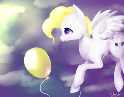 Size: 1368x1080 | Tagged: safe, artist:minckies, surprise, pegasus, pony, g1, balloon, cloud, female, flying, mare, outdoors, signature, smiling, solo