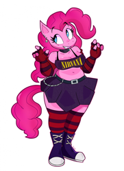 Size: 1634x2254 | Tagged: safe, artist:tysobro, pinkie pie, earth pony, anthro, plantigrade anthro, g4, belly, belly button, belt, belt buckle, blue eyes, boots, chains, choker, chubby, clothes, collar, converse, curly hair, curly tail, ear piercing, eyebrows, eyelashes, female, fingerless gloves, gloves, goth, grin, halter top, long gloves, midriff, miniskirt, piercing, plump, punk, rock band, shoes, simple background, skirt, skull, smiling, snout, socks, solo, striped gloves, striped socks, tail, text, thigh highs, thigh socks, thighs, thunder thighs, white background, wide hips