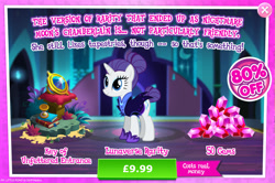 Size: 1964x1302 | Tagged: safe, gameloft, rarity, pony, unicorn, g4, my little pony: magic princess, advertisement, alternate hairstyle, alternate timeline, book, bush, clothes, costs real money, english, female, gem, horn, hourglass, introduction card, key of unfettered entrance, mare, mobile game, night maid rarity, nightmare takeover timeline, numbers, sale, solo, text
