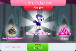 Size: 1270x857 | Tagged: safe, gameloft, rarity, pony, unicorn, g4, my little pony: magic princess, alternate hairstyle, alternate timeline, book, bundle, bush, clothes, costs real money, cutie collection, english, female, gem, horn, hourglass, key of unfettered entrance, mare, mobile game, night maid rarity, nightmare takeover timeline, numbers, sale, solo, text