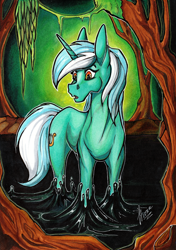 Size: 4912x6984 | Tagged: safe, artist:stirren, lyra heartstrings, goo, pony, unicorn, g4, absurd file size, absurd resolution, cavern, fanart, female, mare, solo, sternocleidomastoid, stuck, traditional art, tree