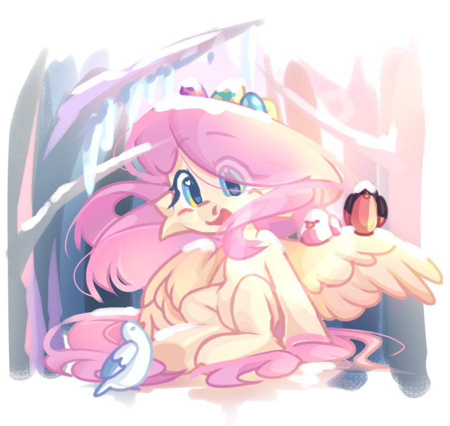 [belly,bird,cute,female,fluttershy,food,forest,heart,heart eyes,pegasus,pony,safe,snow,solo,wingding eyes,wings,winter,shyabetes,eye clipping through hair,smiling,spread wings,hair over one eye,egg (food),artist:toast091019]