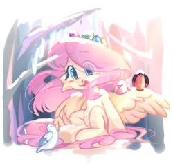 Size: 902x855 | Tagged: safe, artist:toast091019, fluttershy, bird, pegasus, pony, g4, belly, cute, egg (food), eye clipping through hair, female, food, forest, hair over one eye, heart, heart eyes, shyabetes, smiling, snow, solo, spread wings, wingding eyes, wings, winter