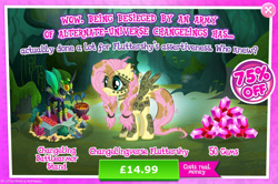 Size: 1958x1302 | Tagged: safe, gameloft, fluttershy, pegasus, pony, g4, my little pony: magic princess, advertisement, alternate timeline, armor, bodypaint, bush, chrysalis resistance timeline, costs real money, ear piercing, earring, english, face paint, female, gem, introduction card, jewelry, mannequin, mare, mobile game, numbers, piercing, sale, solo, spread wings, text, tribalshy, wings