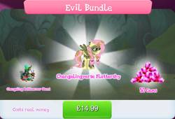 Size: 1268x860 | Tagged: safe, gameloft, fluttershy, pegasus, pony, g4, my little pony: magic princess, alternate timeline, armor, bodypaint, bundle, bush, chrysalis resistance timeline, costs real money, ear piercing, earring, english, evil bundle, face paint, female, gem, jewelry, mannequin, mare, mobile game, numbers, piercing, sale, solo, spread wings, text, tribalshy, wings