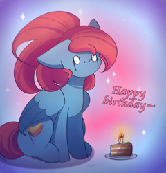 Size: 2400x2500 | Tagged: safe, artist:miryelis, oc, oc only, oc:rainven wep, pegasus, pony, cake, candle, crying, food, gradient background, happy birthday, high res, long hair, sitting, smiling, solo, sparkles