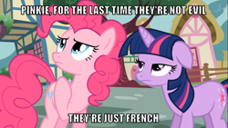 Size: 1067x600 | Tagged: safe, edit, edited screencap, editor:twi clown, screencap, pinkie pie, twilight sparkle, earth pony, pony, unicorn, g4, the mysterious mare do well, caption, duo, female, floppy ears, image macro, mare, meme, text, unicorn twilight