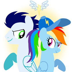 Size: 1400x1400 | Tagged: safe, artist:mlplary6, rainbow dash, soarin', pegasus, pony, g4, boyfriend and girlfriend, cap, duo, female, hat, looking at each other, looking at someone, male, mare, ponytail, ship:soarindash, shipping, simple background, smiling, smiling at each other, stallion, straight