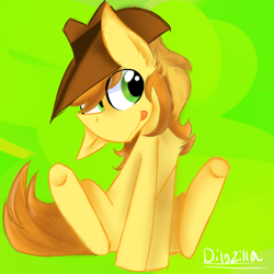 Size: 1024x1024 | Tagged: safe, artist:alandisc, braeburn, earth pony, pony, g4, :p, hat, male, missing accessory, signature, simple background, sitting, solo, tongue out