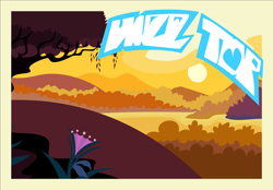 Size: 8000x5562 | Tagged: safe, artist:lahirien, friendship university, g4, .svg available, absurd resolution, background, flower, hill, no pony, postcard, river, scenery, sun, sunset, tree, vector, water, written equestrian