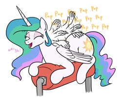 Size: 1086x887 | Tagged: safe, artist:jargon scott, princess celestia, alicorn, pony, g4, colored, commission, cute, cutelestia, digital art, female, full body, hand, horse noises, massage, neigh, onomatopoeia, ponified animal photo, simple background, slapping, solo focus, text, white background