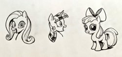 Size: 1024x481 | Tagged: safe, artist:mellodillo, apple bloom, fluttershy, twilight sparkle, earth pony, pegasus, pony, unicorn, g4, female, filly, foal, looking at you, mare, monochrome, open mouth, open smile, smiling, smiling at you, traditional art, trio, unicorn twilight