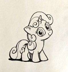 Size: 979x1024 | Tagged: safe, artist:mellodillo, sweetie belle, pony, unicorn, g4, cute, diasweetes, female, filly, foal, looking at you, monochrome, smiling, smiling at you, solo, traditional art