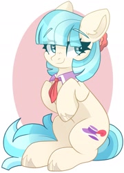 Size: 1379x1920 | Tagged: safe, artist:cinnamontee, coco pommel, earth pony, pony, g4, cocobetes, colored eyebrows, commission, cute, eye clipping through hair, eyebrows, eyebrows visible through hair, female, mare, sitting, smiling, solo