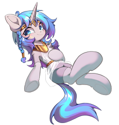 Size: 1229x1283 | Tagged: safe, artist:starbow, oc, oc only, oc:cork, pony, unicorn, belly, belly button, blue eyes, clothes, cute, egyptian, horn, long mane, peytral, simple background, skirt, socks, solo, stockings, thigh highs, transparent background, unicorn oc