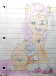 Size: 2308x3148 | Tagged: safe, artist:twiny dust, derpibooru exclusive, sunny starscout, earth pony, pony, g5, bag, buttons, colored, colored pencil drawing, female, high res, lined paper, mane stripe sunny, pencil drawing, smiling, solo, traditional art