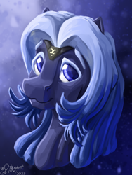 Size: 3000x4000 | Tagged: safe, artist:stardustspix, oc, oc:kyanite arc, pegasus, pony, :3, abstract background, blue coat, blue eyes, blue mane, bust, colored eyebrows, colored eyelashes, eyebrows, eyebrows visible through hair, glowing, glyph, gradient mane, high res, lineless, male, portrait, solo, stallion, sternocleidomastoid