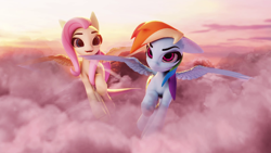 Size: 1920x1080 | Tagged: safe, artist:saphire systrine, fluttershy, rainbow dash, pegasus, pony, g4, 3d, 3d model, blender, blender eevee, cloud, cute, floppy ears, flying, freckles, solo, vs twi, wings