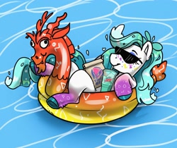 Size: 3344x2807 | Tagged: safe, artist:opalacorn, discord, oc, oc only, earth pony, pony, g4, commission, drink, drinking, drinking straw, female, floaty, high res, inner tube, lying down, mare, mountain dew, mountain dew baja blast, on back, pool toy, solo, sunglasses, taco bell, water, ych result
