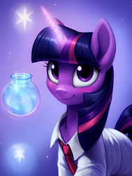 Size: 1152x1536 | Tagged: safe, ai assisted, ai content, artist:darbarri, derpibooru exclusive, twilight sparkle, pony, unicorn, g4, blushing, bust, clothes, cute, gradient background, looking at you, necktie, portrait, shirt, smiling, solo