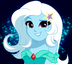 Size: 945x843 | Tagged: dead source, safe, artist:rosemile mulberry, trixie, human, equestria girls, g4, breasts, broach, busty trixie, clothes, detailed eyes, dress, eyebrows, female, hairpin, looking at you, raised eyebrow, smiling, smiling at you, solo, stars, updated design