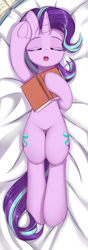 Size: 1700x4818 | Tagged: safe, artist:wkirin, starlight glimmer, pony, unicorn, g4, belly button, body pillow, body pillow design, book, cute, eyes closed, featureless crotch, female, frog (hoof), glimmerbetes, high res, mare, open mouth, sexy, sleeping, solo, stupid sexy starlight glimmer, underhoof