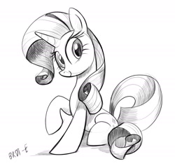 Size: 2134x2049 | Tagged: safe, artist:brdte, rarity, pony, unicorn, g4, female, grayscale, high res, looking at you, mare, monochrome, signature, simple background, sitting, smiling, smiling at you, solo, white background