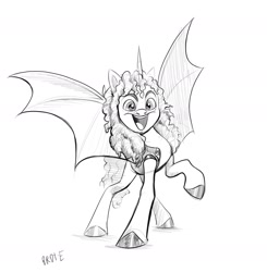 Size: 1918x1956 | Tagged: safe, artist:brdte, alicorn, bat pony, bat pony alicorn, pony, bat wings, clothes, facial hair, grayscale, horn, kirk hammett, looking at you, metallica, monochrome, moustache, open mouth, open smile, ponified, raised hoof, simple background, smiling, smiling at you, solo, spread wings, vest, white background, wings
