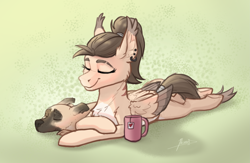 Size: 3049x1992 | Tagged: safe, artist:helmie-art, oc, oc only, oc:dima, dog, pegasus, pony, abstract background, chest fluff, colored wings, duo, ear fluff, ear piercing, ear tufts, earring, eyes closed, jewelry, lying down, mug, pegasus oc, piercing, prone, sternocleidomastoid, two toned wings, wings