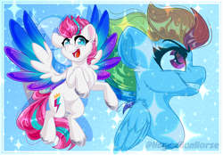 Size: 3080x2140 | Tagged: safe, artist:missbramblemele, rainbow dash, zipp storm, pegasus, pony, g5, colored wings, duo, duo female, eyebrows, female, folded wings, gradient wings, grin, happy, high res, mare, older, older rainbow dash, open mouth, open smile, signature, smiling, spread wings, starry eyes, unshorn fetlocks, wingding eyes, wings