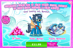 Size: 1960x1297 | Tagged: safe, gameloft, rumble, pegasus, pony, g4, my little pony: magic princess, advertisement, aviator goggles, costs real money, english, gem, glider, goggles, introduction card, male, mobile game, numbers, older, older rumble, race track, sale, solo, stallion, text
