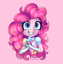 Size: 2800x2840 | Tagged: safe, artist:opal_radiance, pinkie pie, human, equestria girls, g4, cupcake, female, food, grin, high res, pink background, simple background, smiling, solo