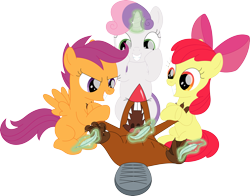 Size: 3567x2802 | Tagged: safe, artist:porygon2z, apple bloom, scootaloo, sweetie belle, beaver, earth pony, pegasus, pony, unicorn, g4, angry beavers, crossover, cutie mark crusaders, daggett doofus beaver, feather, grin, high res, laughing, magic, simple background, smiling, telekinesis, tickling, transparent background